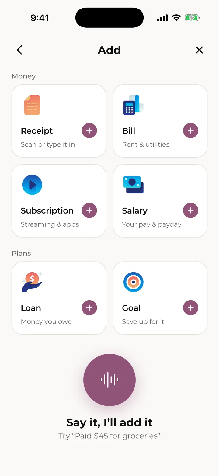 The Add page: money, plans and voice.