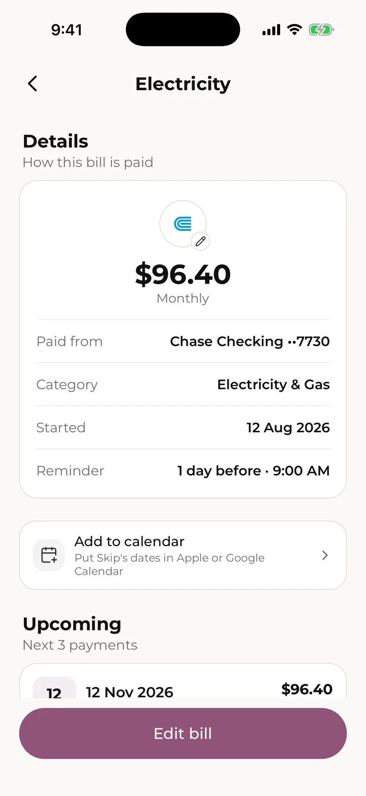 A bill’s page, with upcoming payments and history.