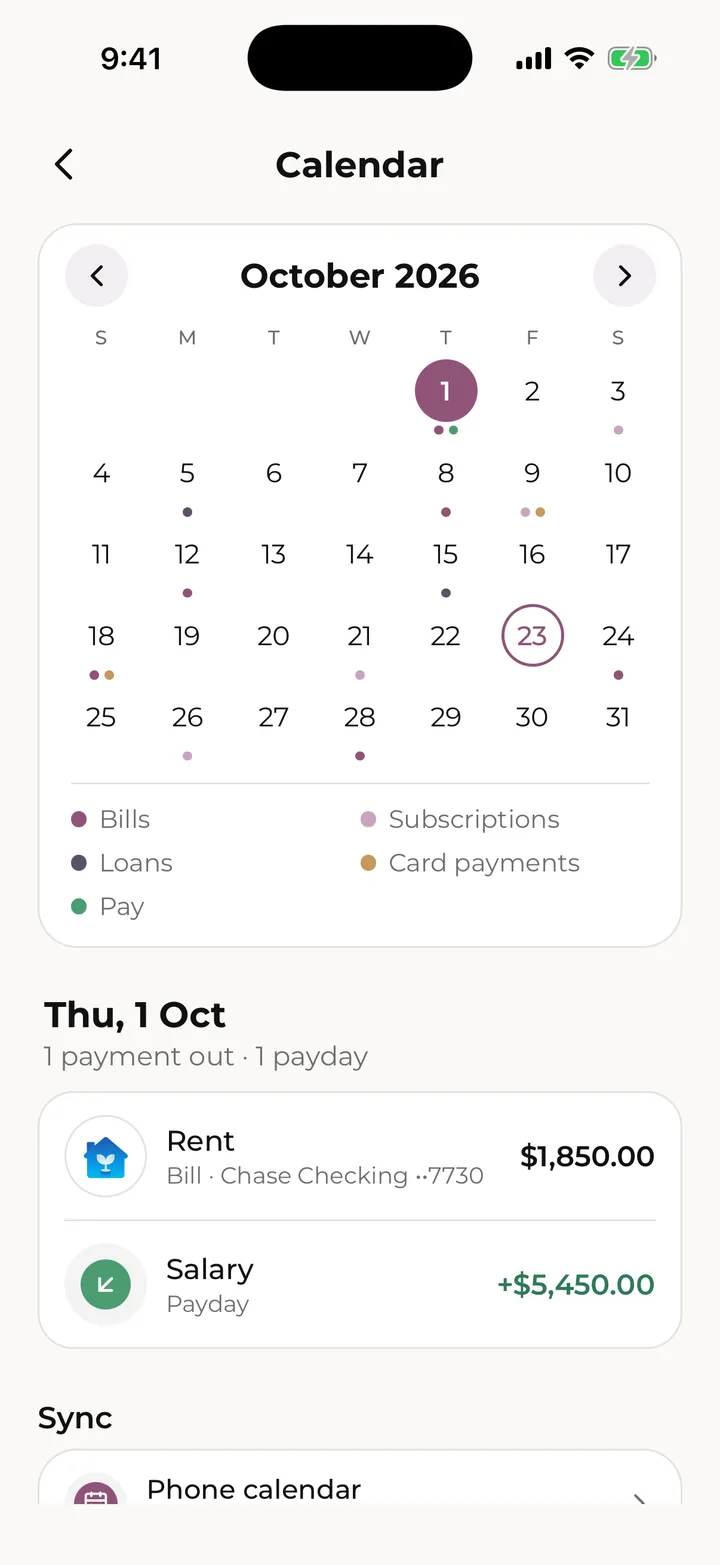 The calendar: every due date and payday, day by day.