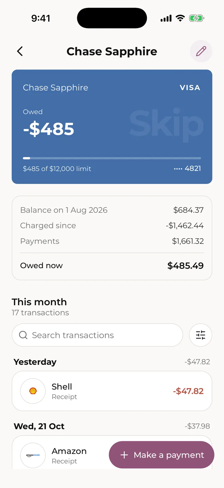 A card’s page, with its balance and this month’s transactions.