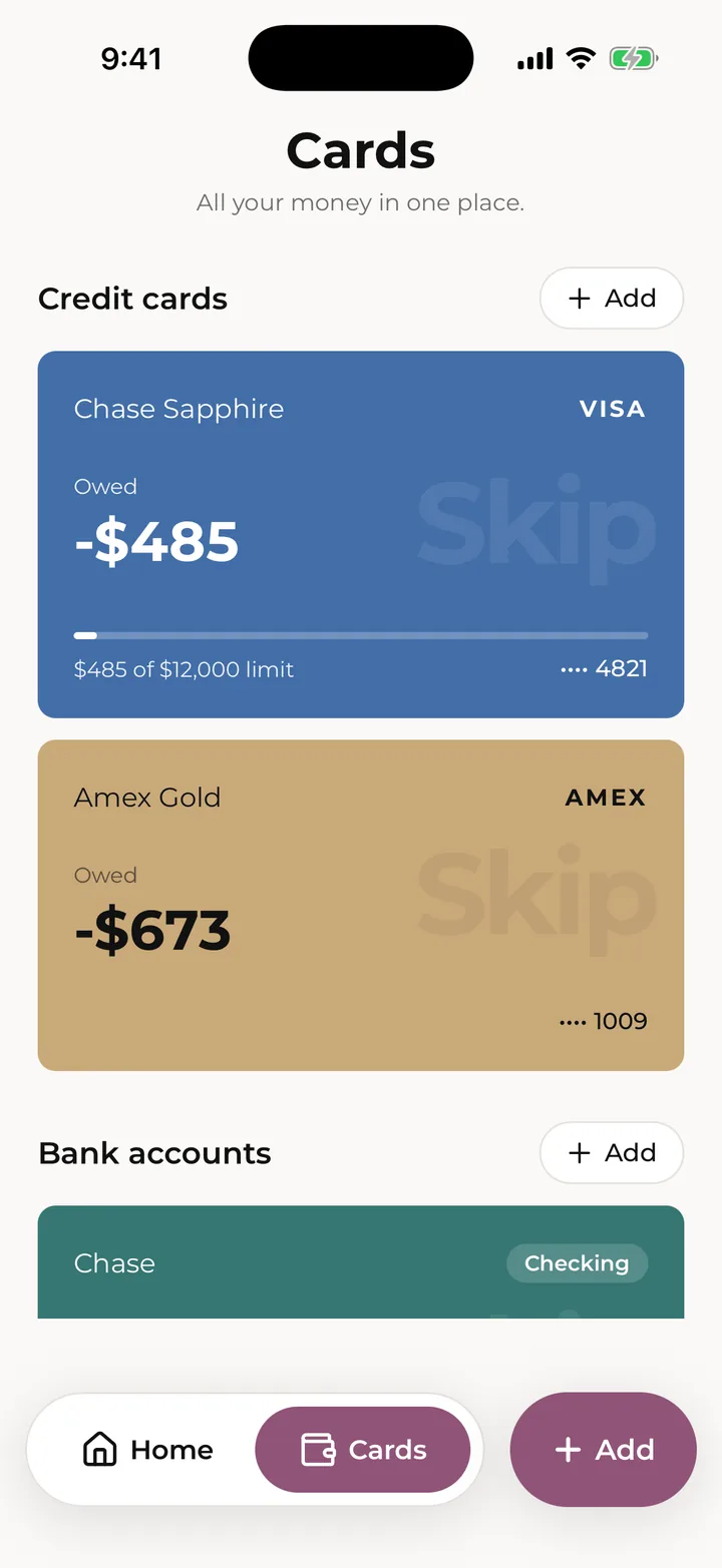The Cards tab: credit cards, bank accounts and money.