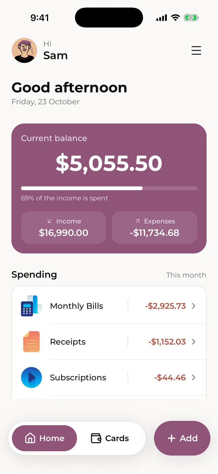 Home, with the Current balance card at the top.