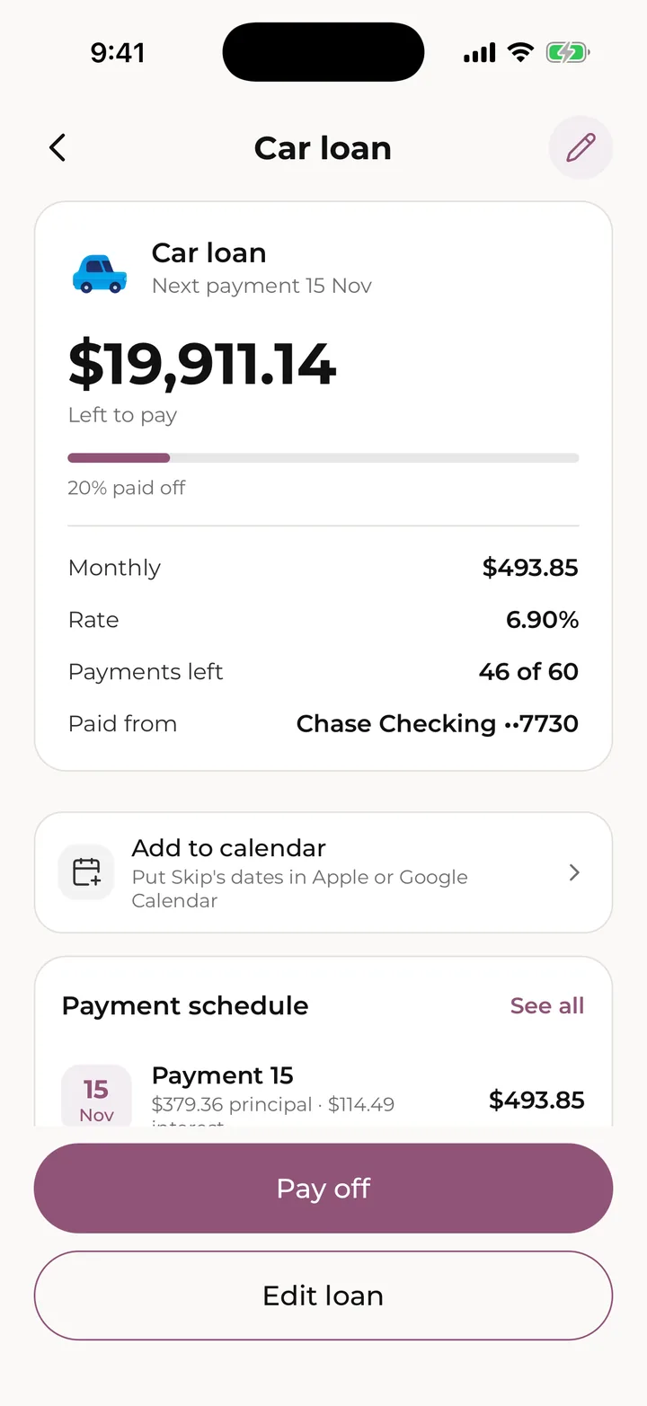 A loan’s page: what’s left, the schedule and history.