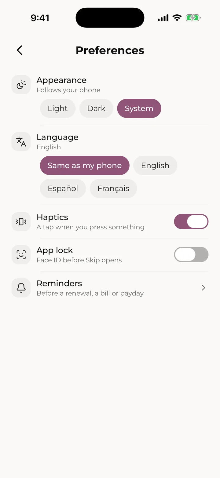 Preferences: appearance, language, haptics and app lock.
