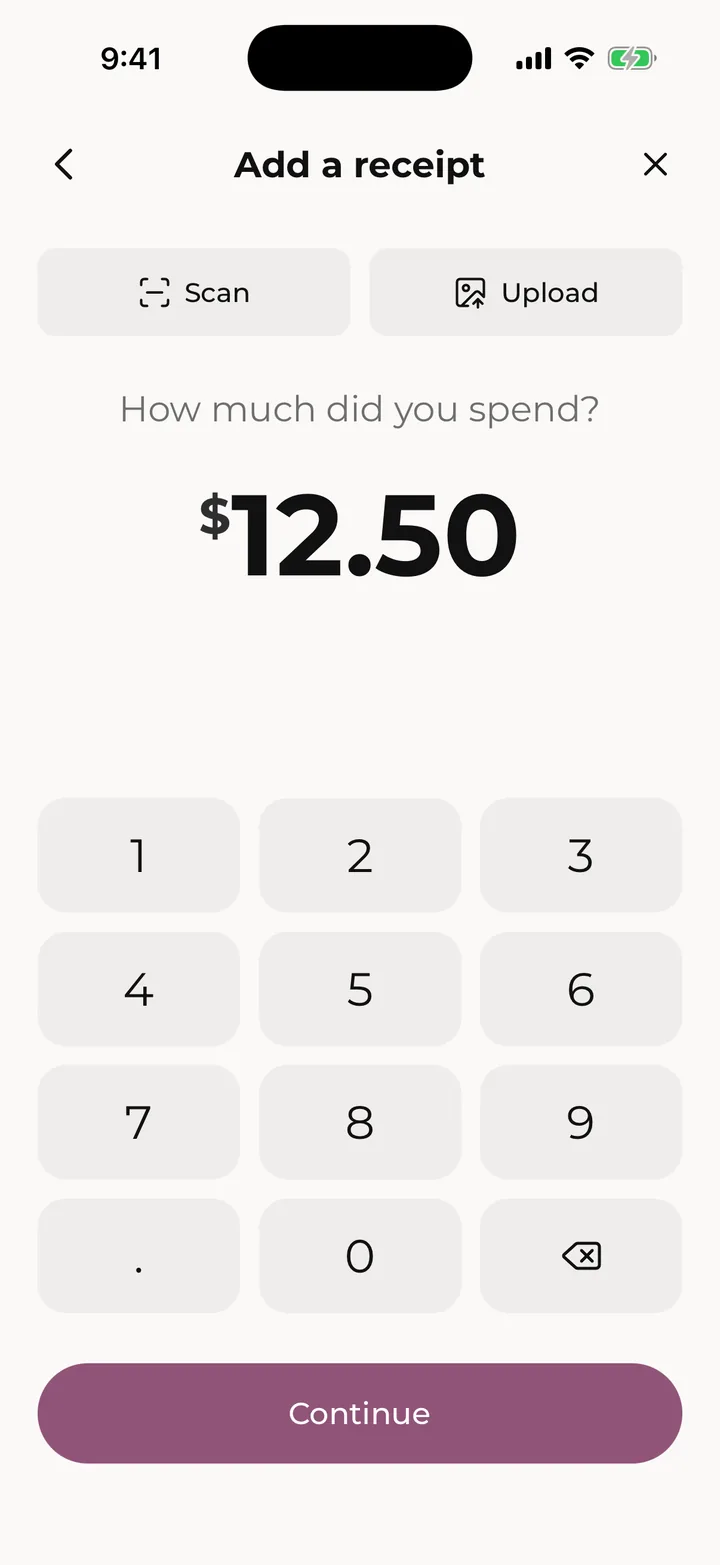 Adding a receipt: type the amount, or scan or upload it.