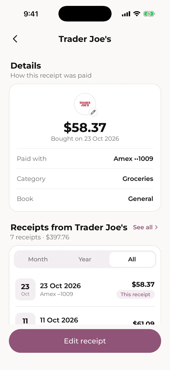 A receipt’s page, with its other visits to the same store.