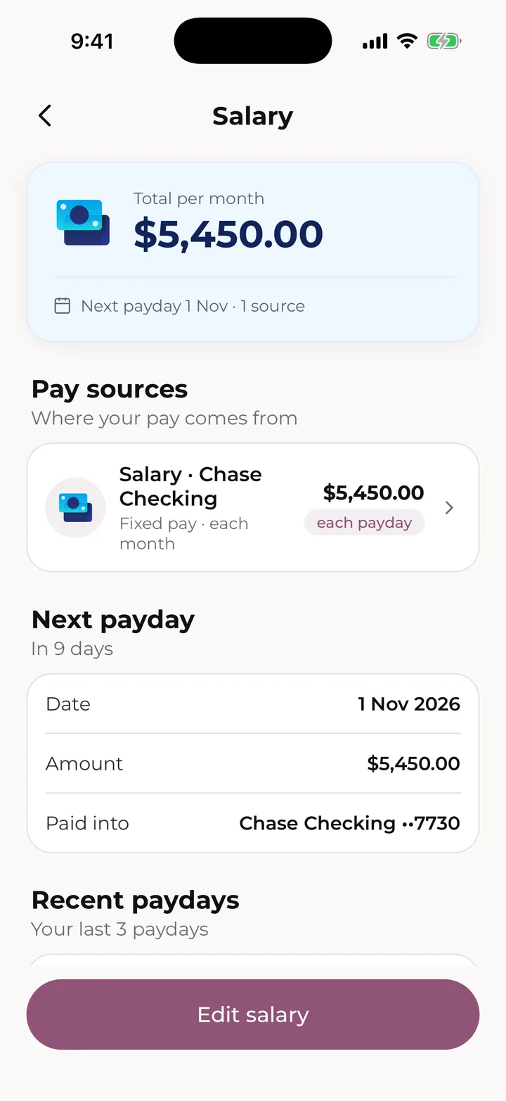 The Salary page: pay sources, next payday and recent paydays.