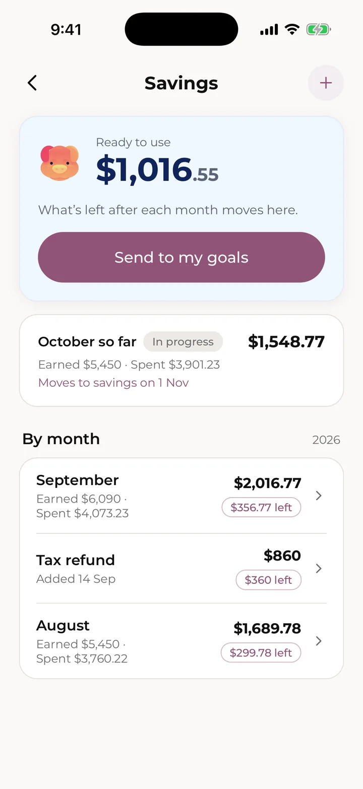 Savings: ready to use, this month so far, and past months.