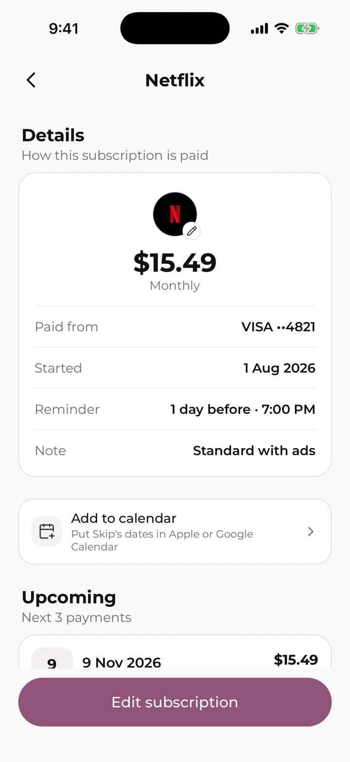 A subscription’s page: cost, renewal and payment history.
